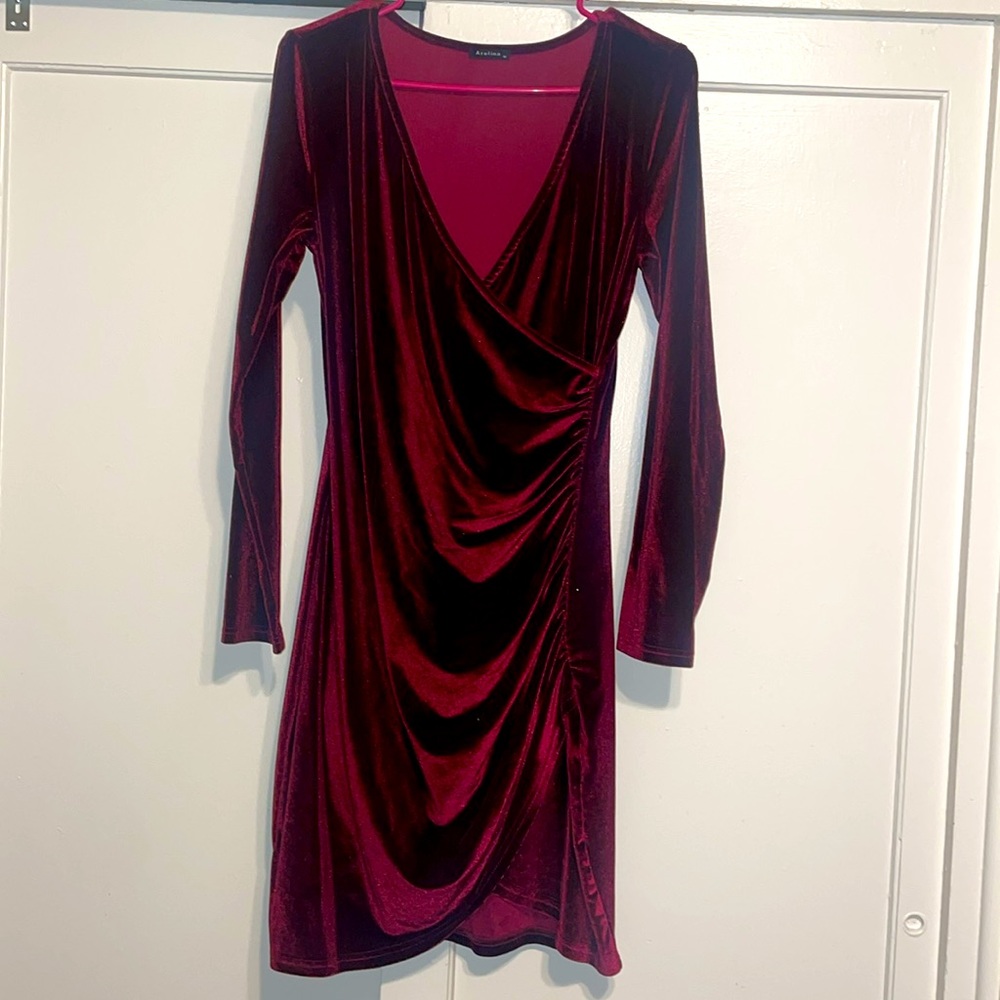 Wrap V Neck Long Sleeve Velvet Dress Elegant Ruched Cocktail Party Mini Dress